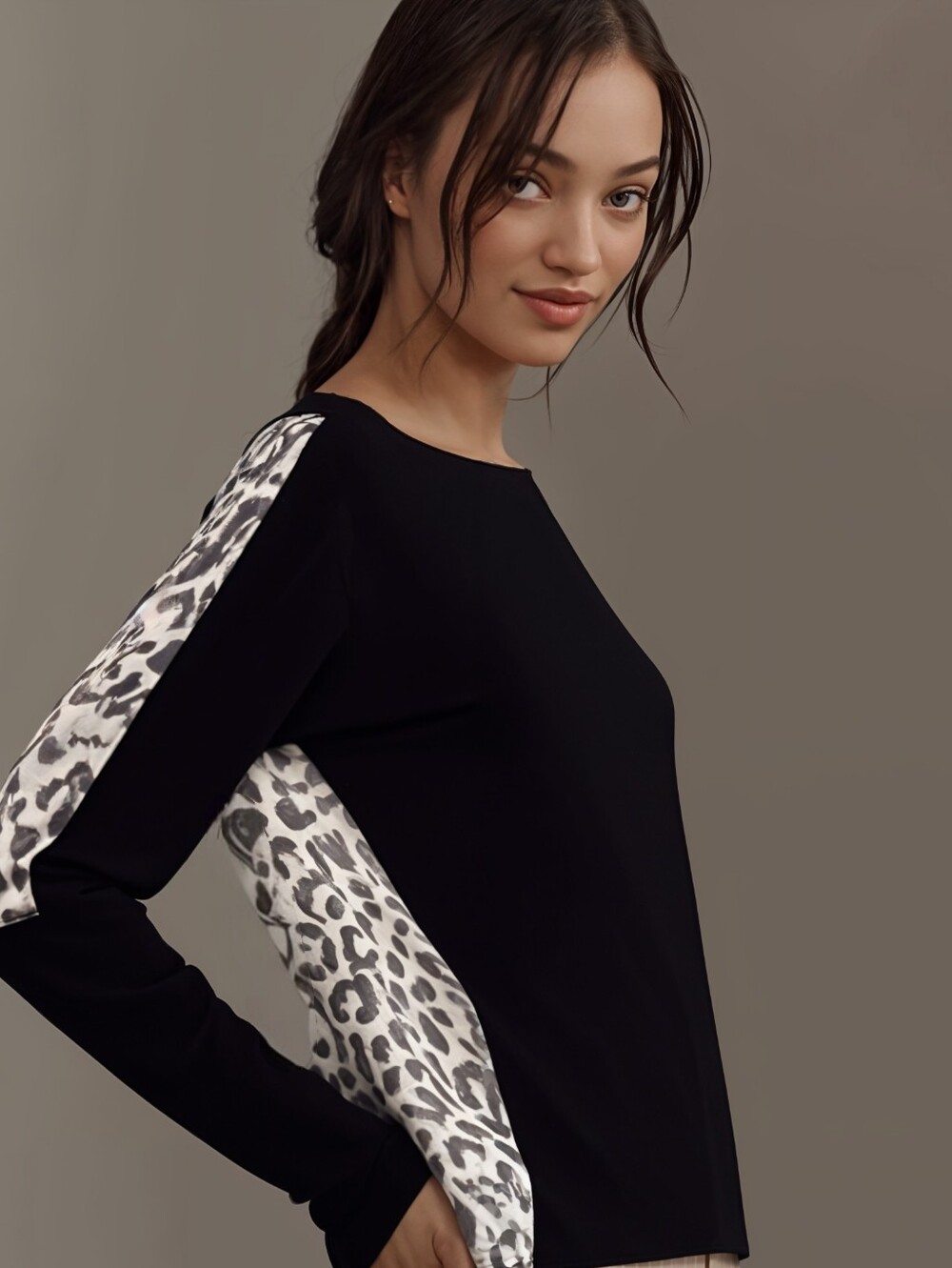 Guess Black Animal Print Mixed Media Top